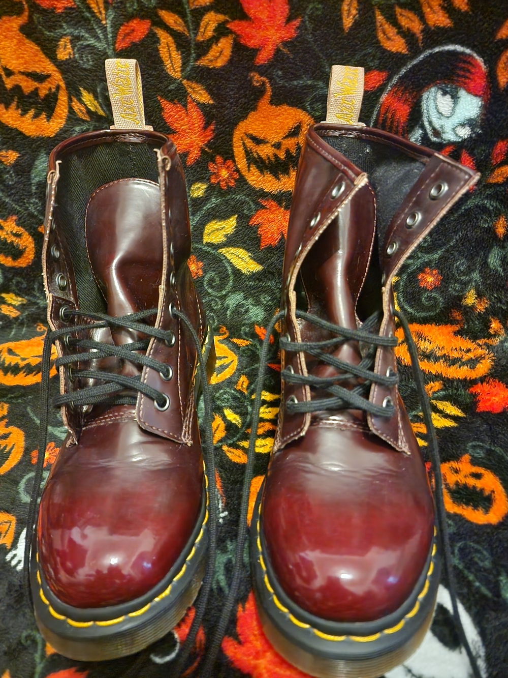 Dr. Martens Burgundy Lace-Up 8-Eye Boots with Yellow Stitching